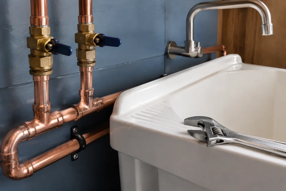 Illustration of copper plumbing, brass valves, and a utility sink