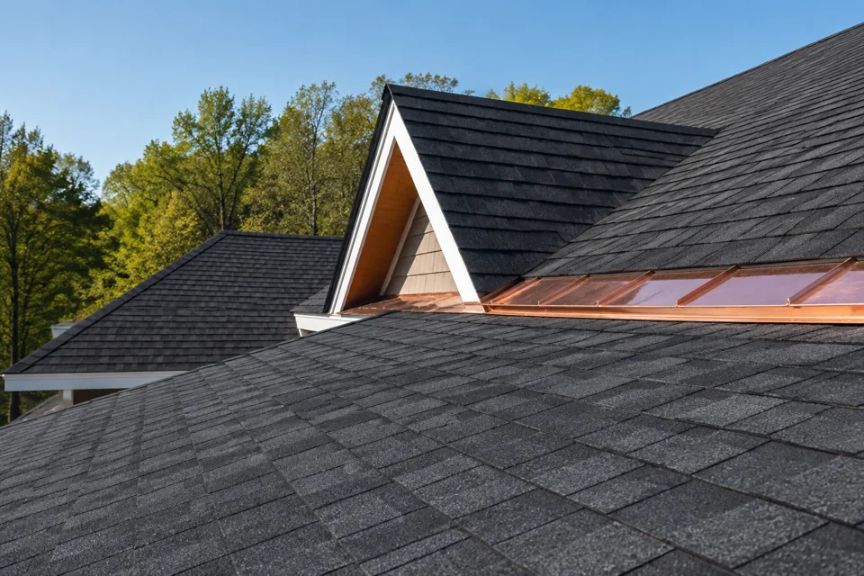 Illustration of a finished shingle roof with copper flashing and trees beyond